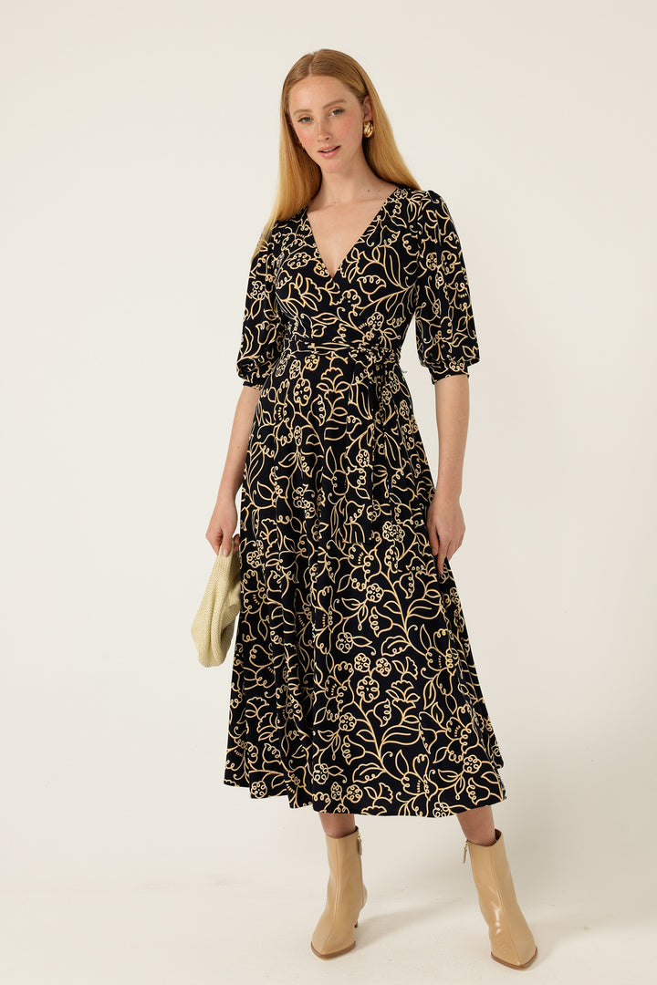 Faye Midi Dress in Navy Gold Flower