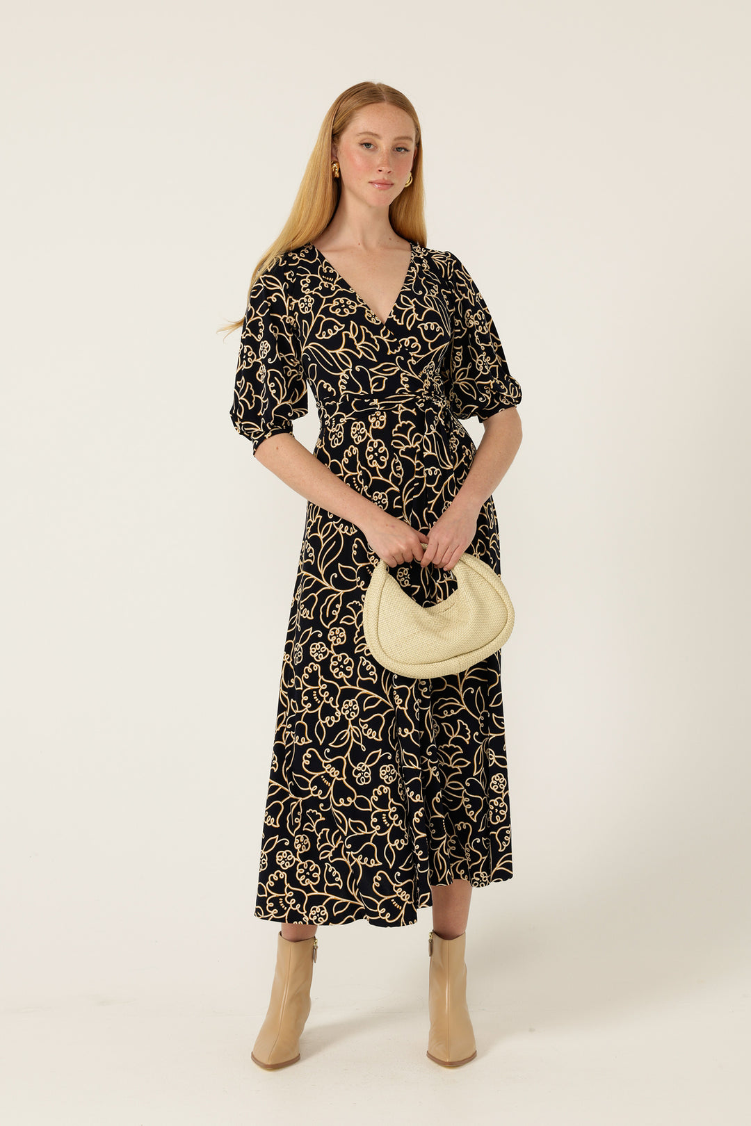 Faye Midi Dress in Navy Gold Flower