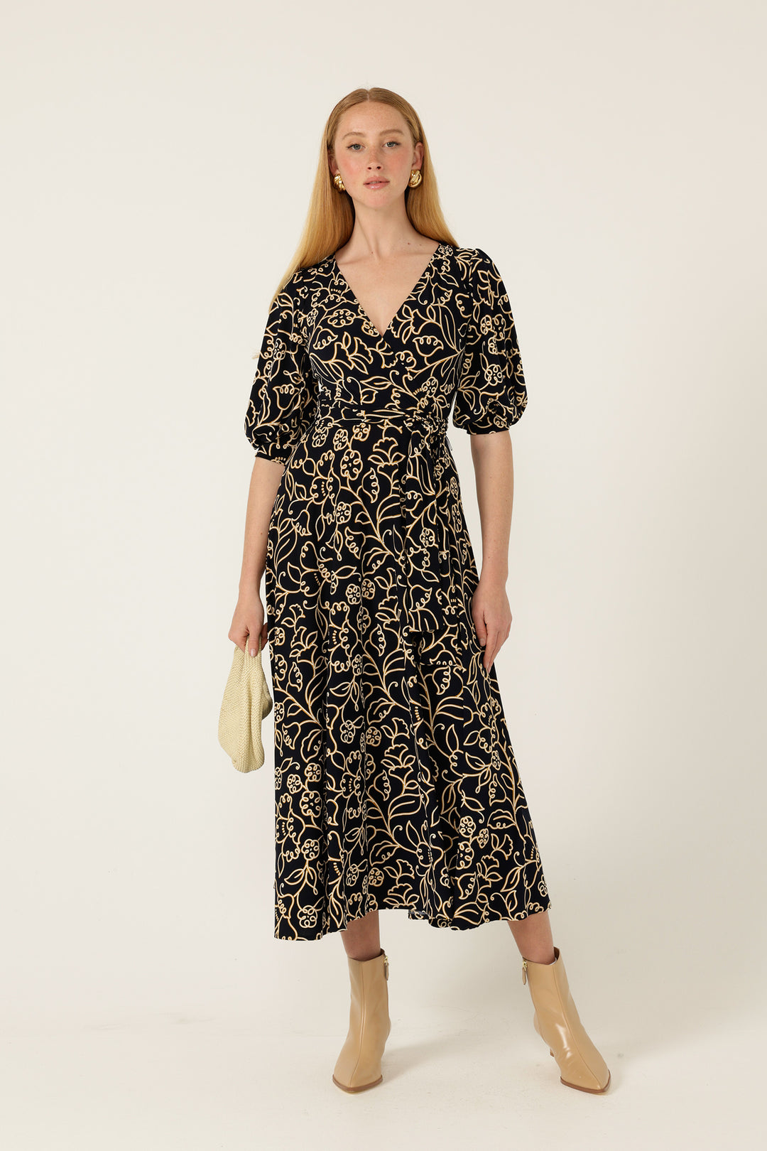 Faye Midi Dress in Navy Gold Flower