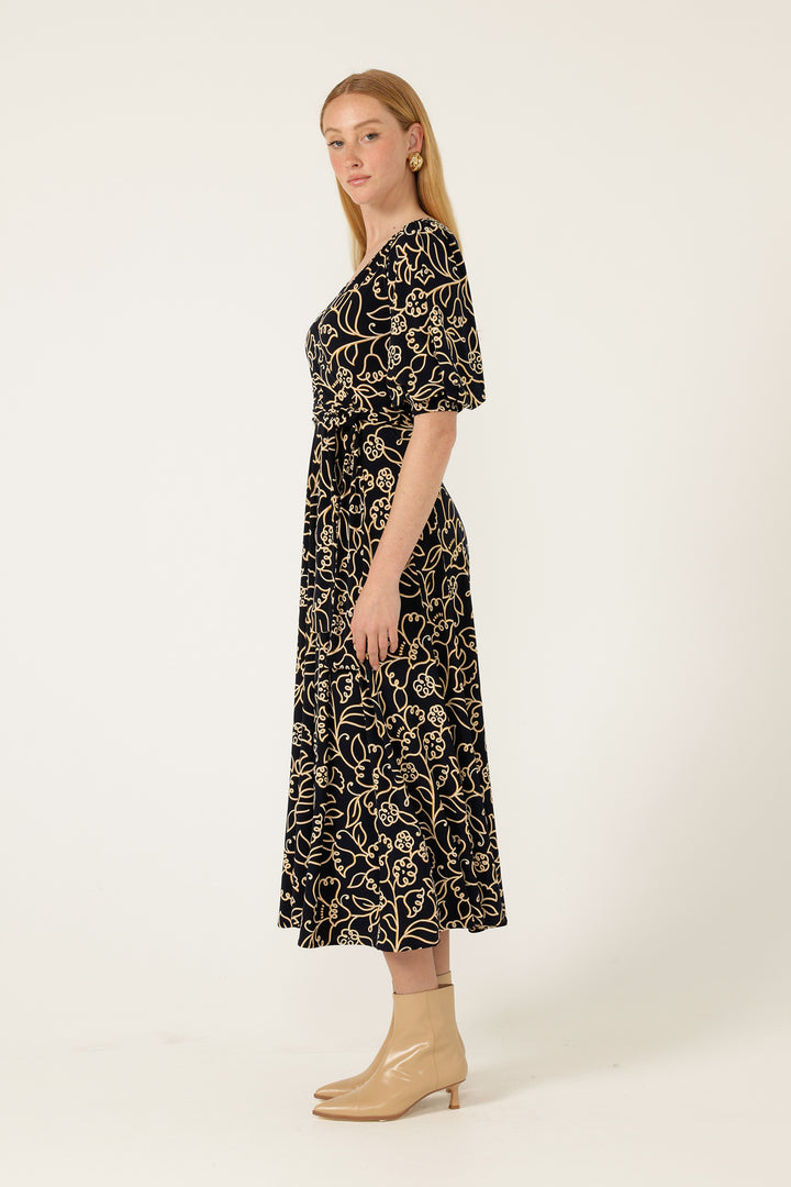 Faye Midi Dress in Navy Gold Flower