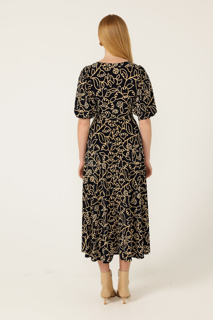 Faye Midi Dress in Navy Gold Flower