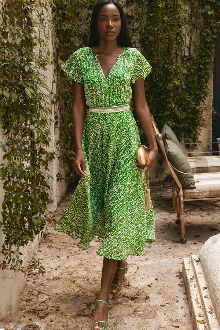 Fern Gully Midi Dress in Green White Crosshatch