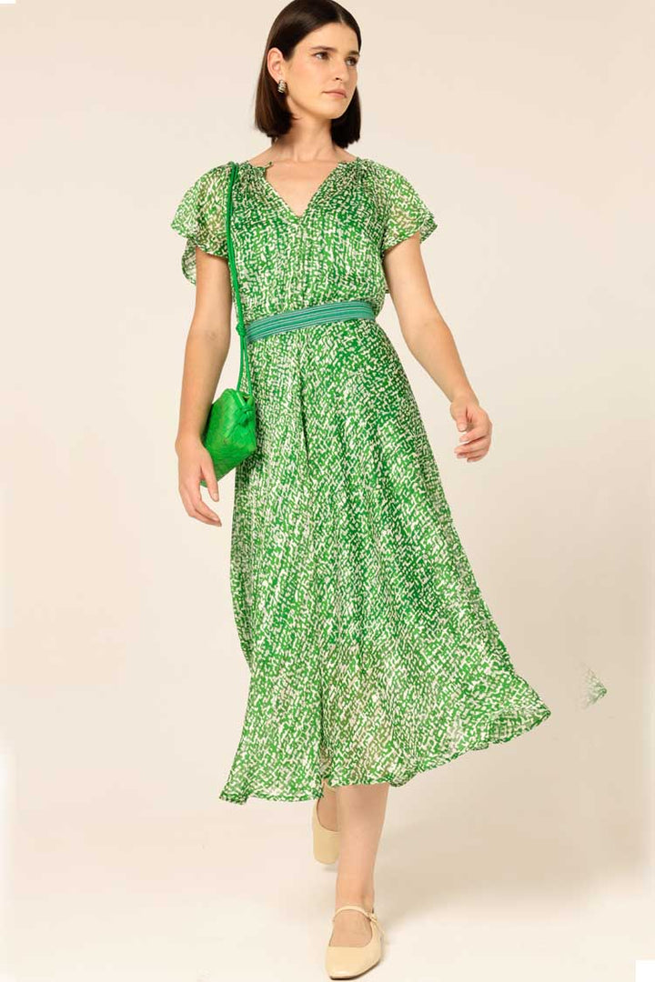 Fern Gully Midi Dress in Green White Crosshatch