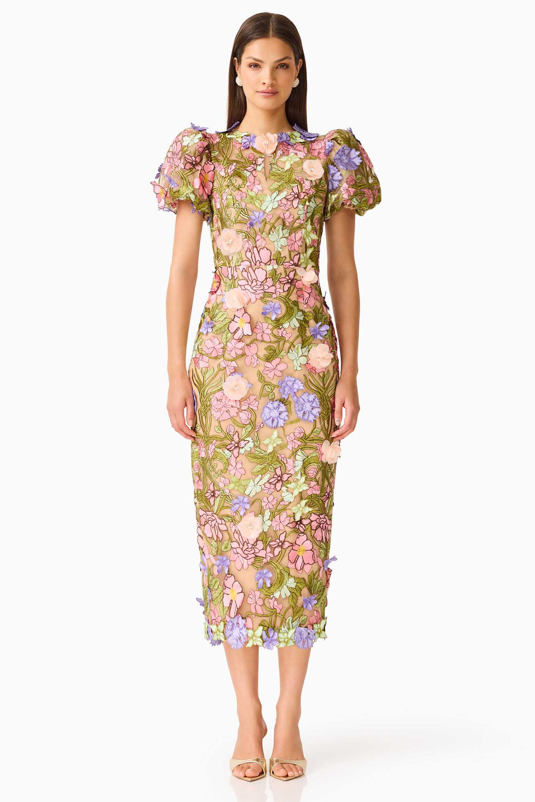 Fiora Puff Sleeve Midi Dress in Green Multi