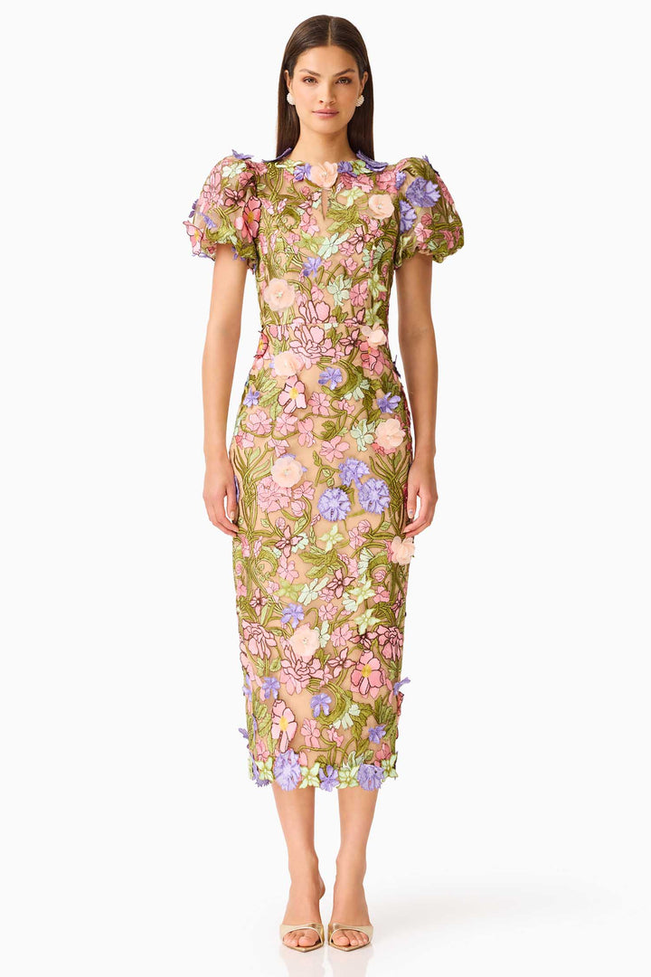 Fiora Puff Sleeve Midi Dress in Green Multi