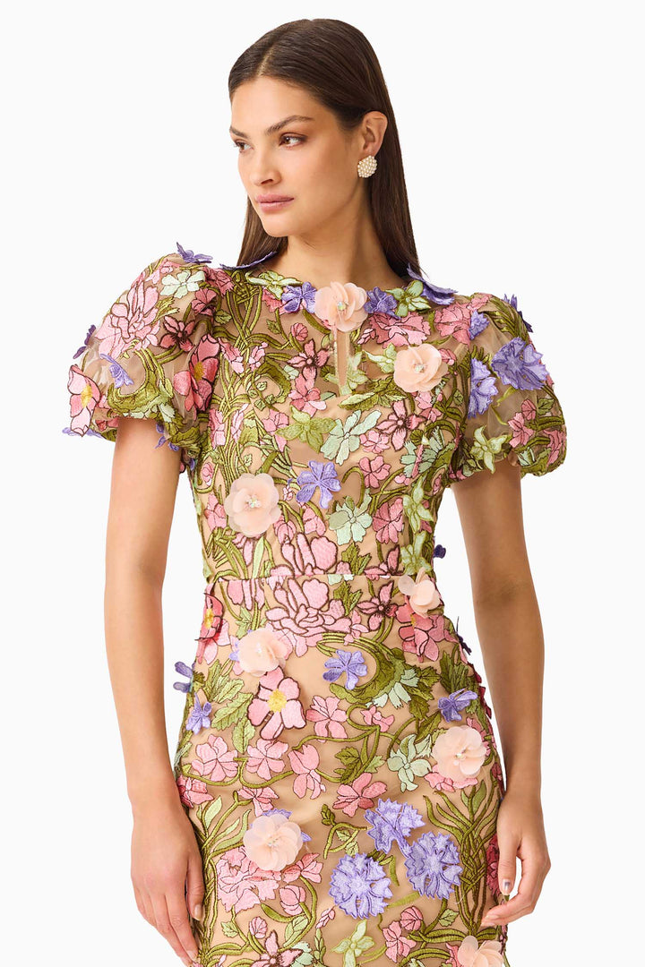 Fiora Puff Sleeve Midi Dress in Green Multi