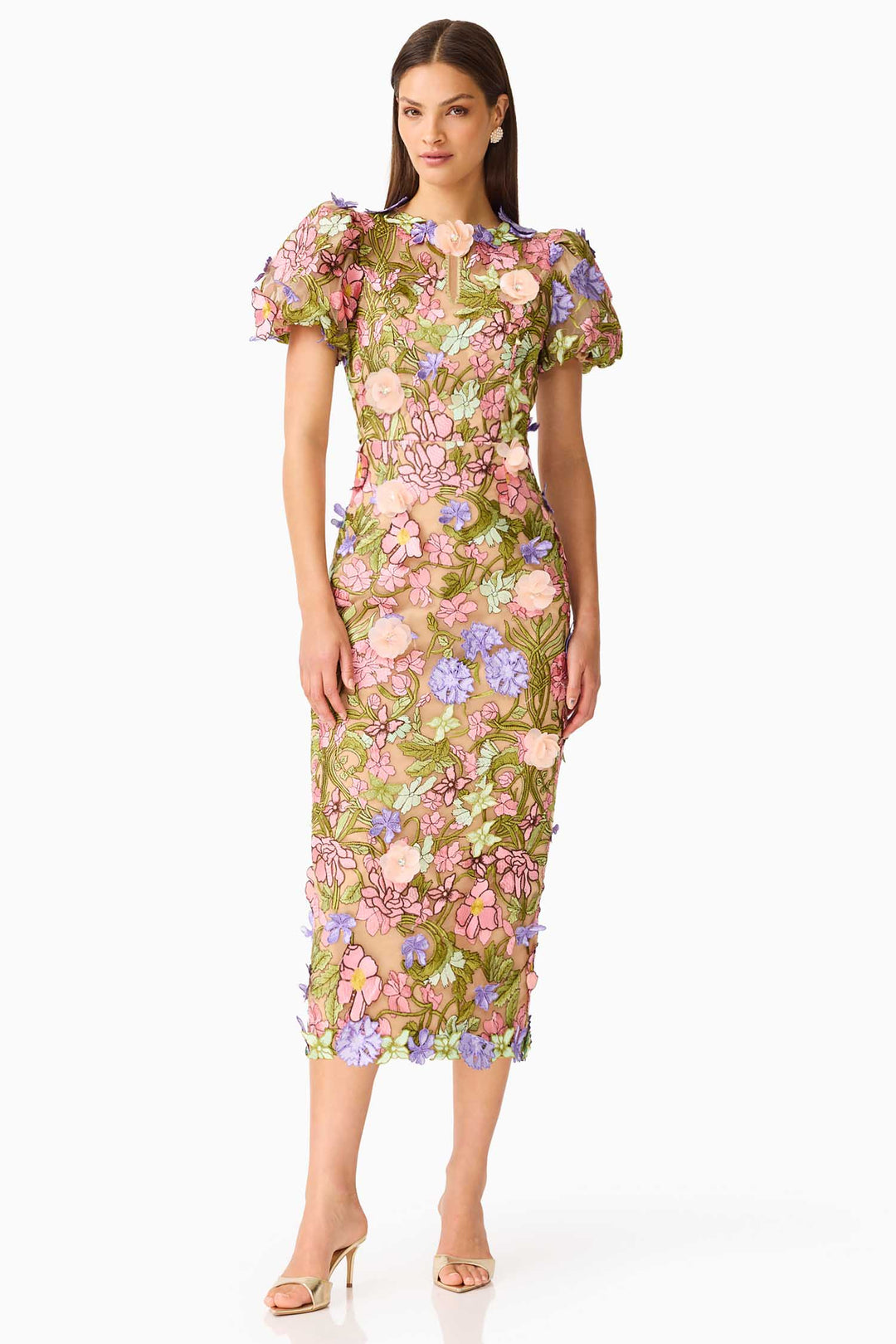Fiora Puff Sleeve Midi Dress in Green Multi