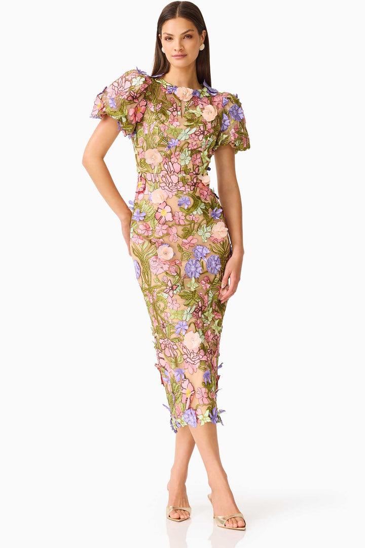 Fiora Puff Sleeve Midi Dress in Green Multi