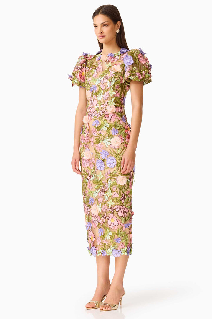 Fiora Puff Sleeve Midi Dress in Green Multi