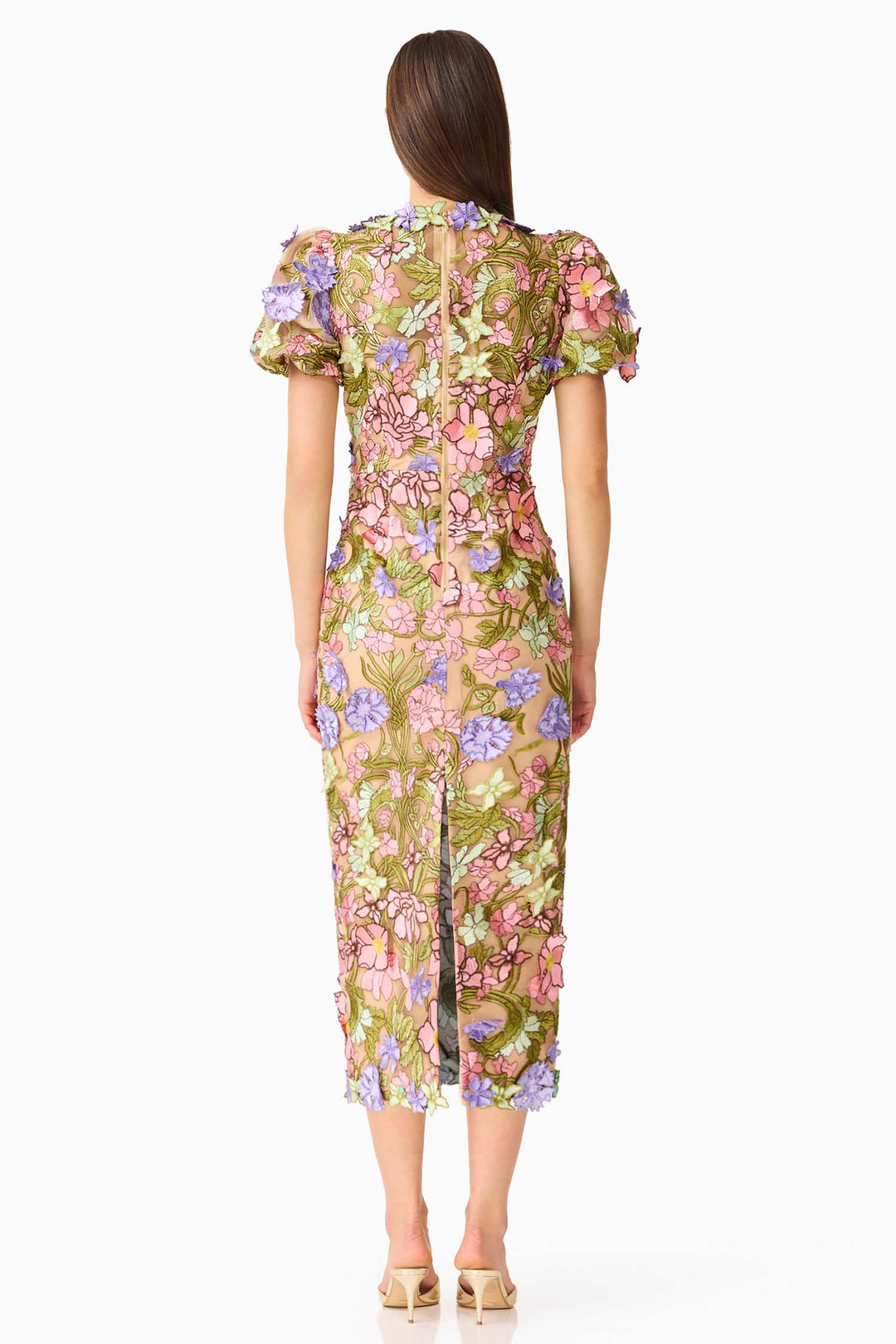 Fiora Puff Sleeve Midi Dress in Green Multi