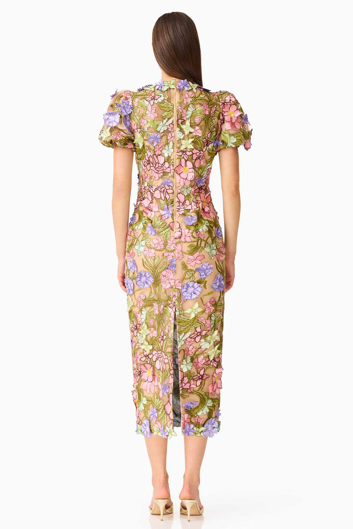 Fiora Puff Sleeve Midi Dress in Green Multi