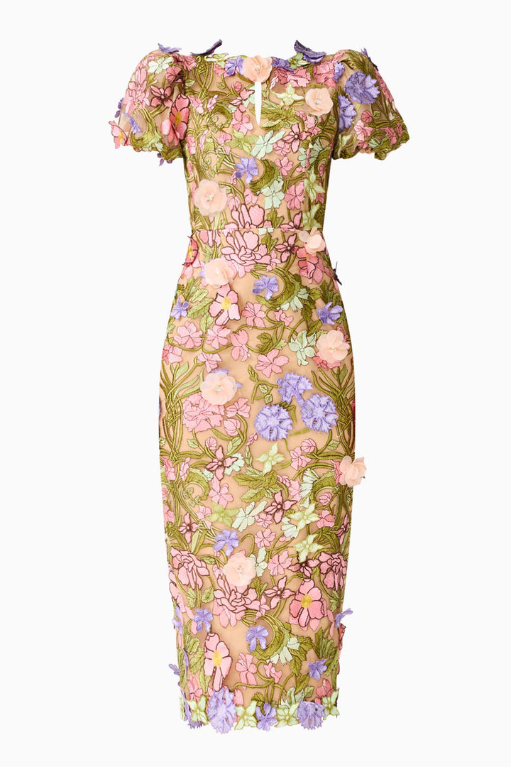 Fiora Puff Sleeve Midi Dress in Green Multi