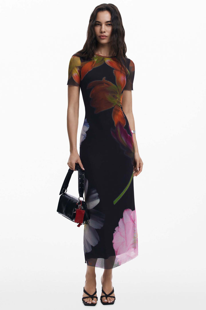Fitted Tulle Flower Midi Dress