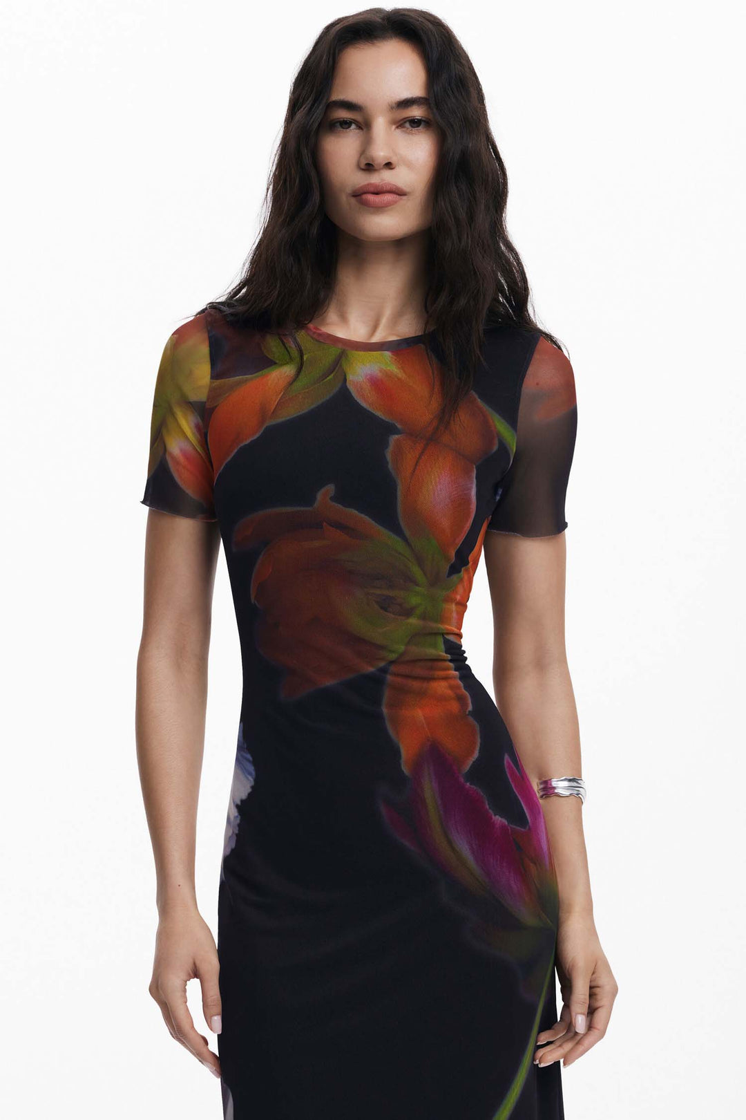 Fitted Tulle Flower Midi Dress