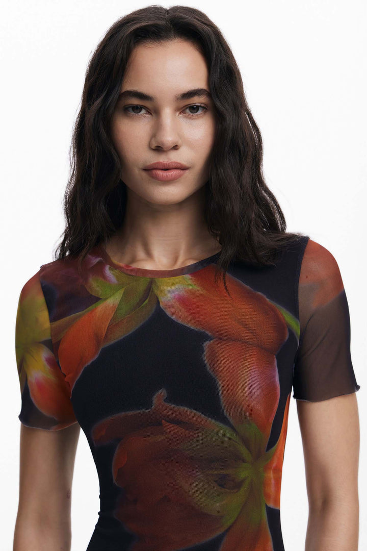 Fitted Tulle Flower Midi Dress