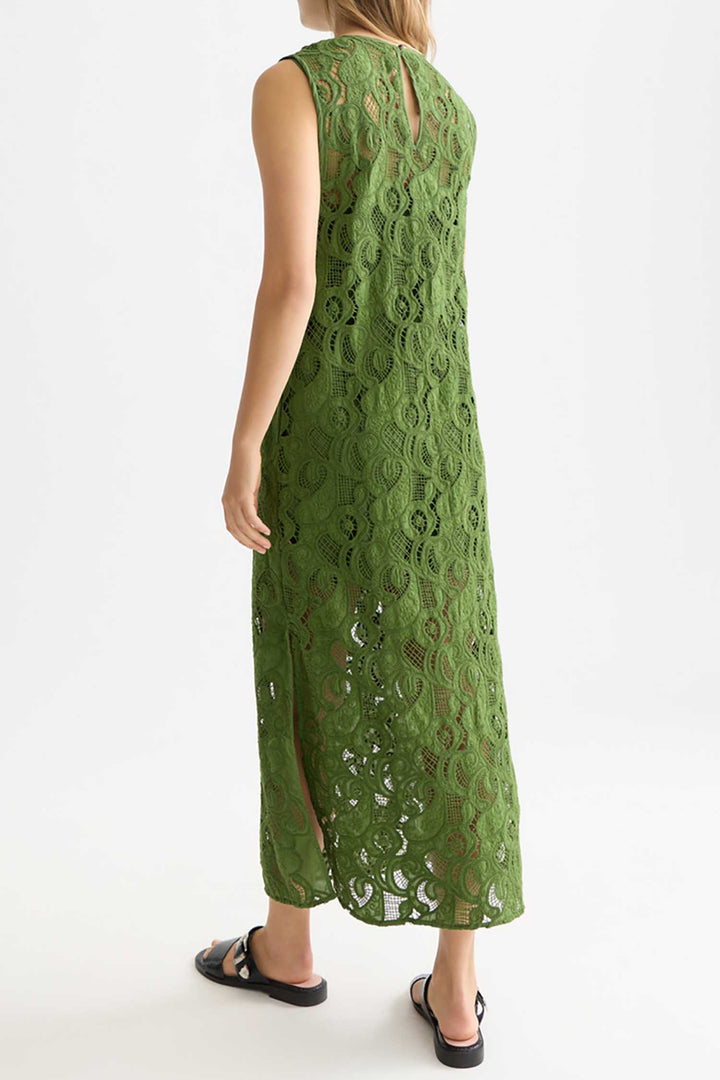 Flame Embroidery Midi Dress in Garden Green