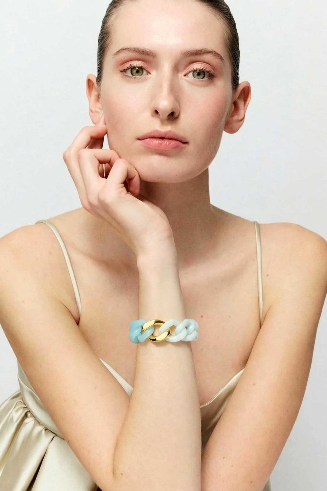 Flat Chain 2 Colour Bracelet w Gold in Cloud Marble/Opaline Blue