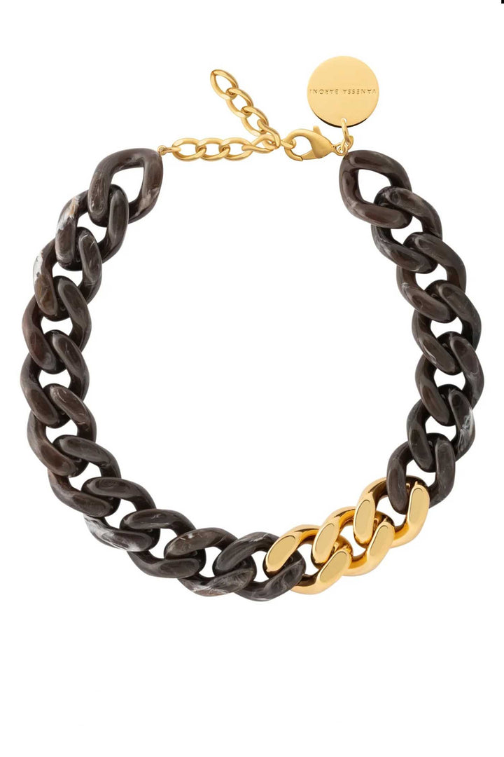 Flat Chain Necklace w Gold Dark Brown Marble