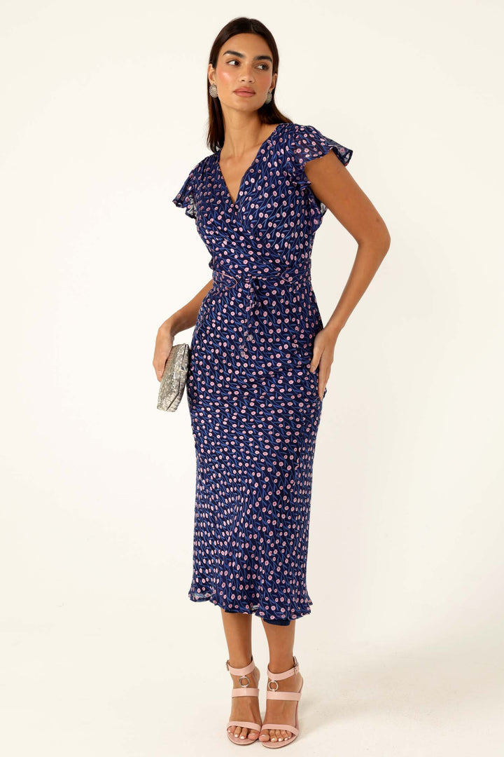 Fleur De Lys Midi Dress in Indigo Pink Poppy