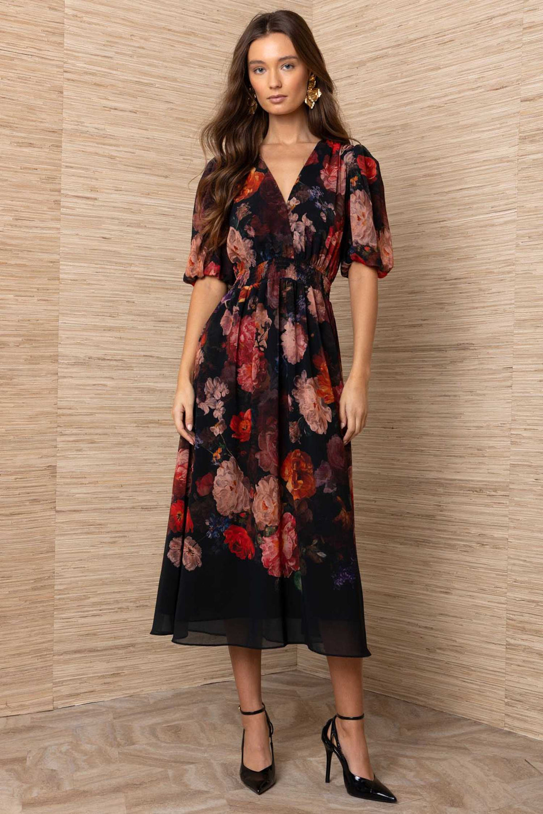 Fleur S/S Midi Dress in Black