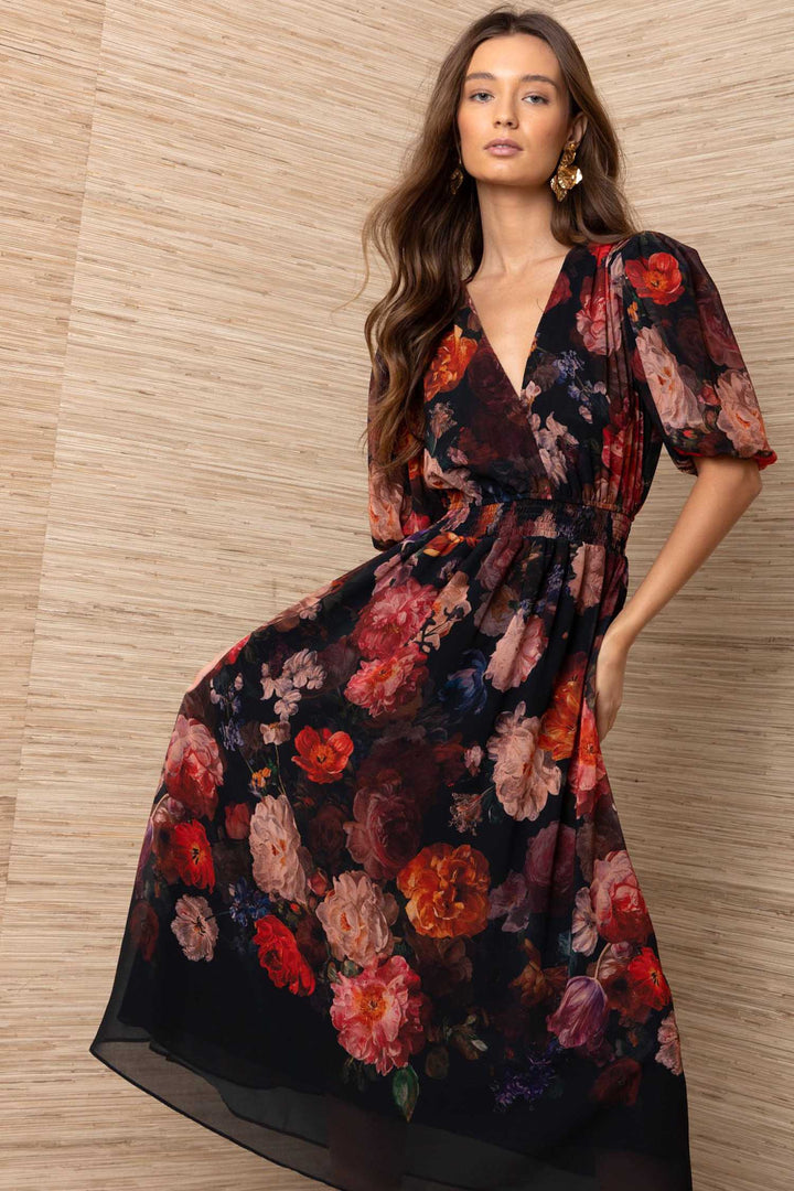 Fleur S/S Midi Dress in Black