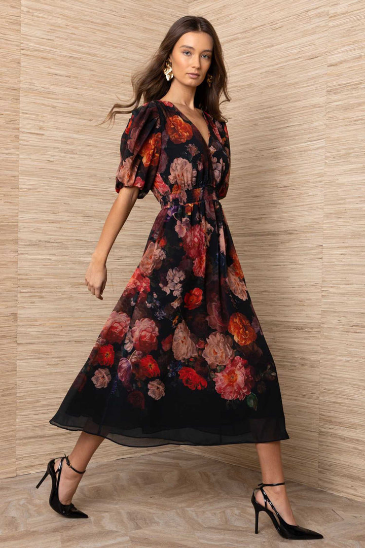 Fleur S/S Midi Dress in Black