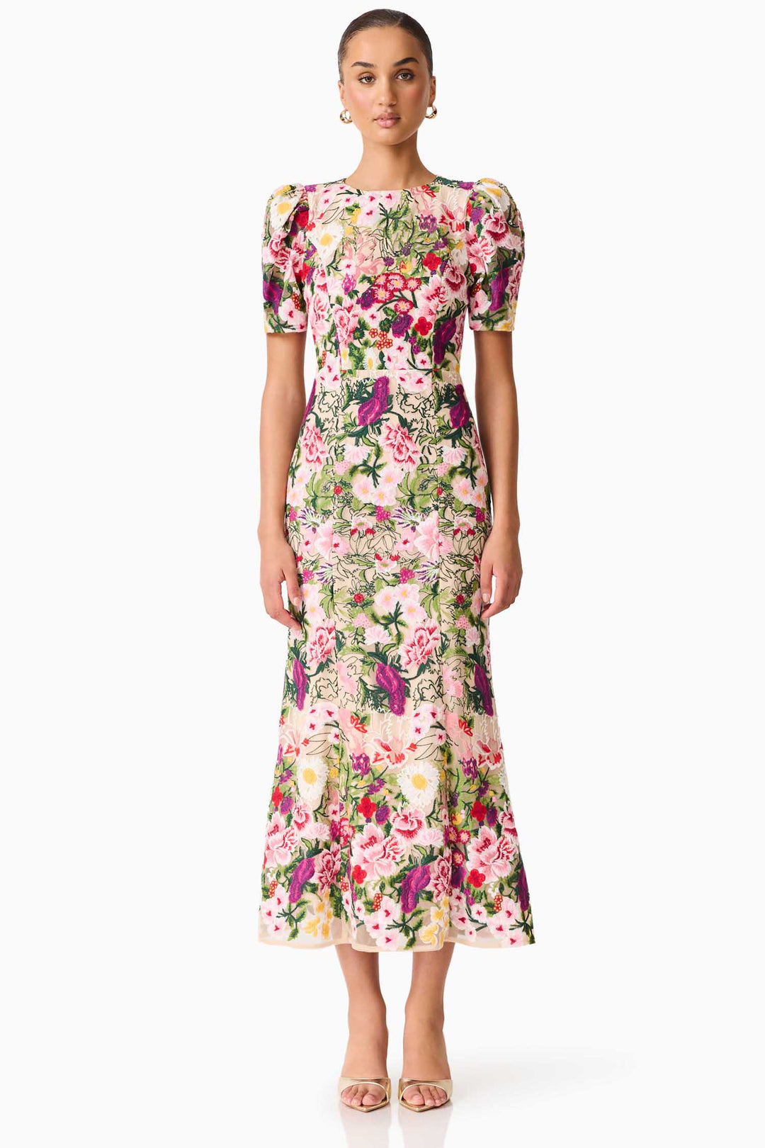 Flora Midi Dress in Pink and Green Floral