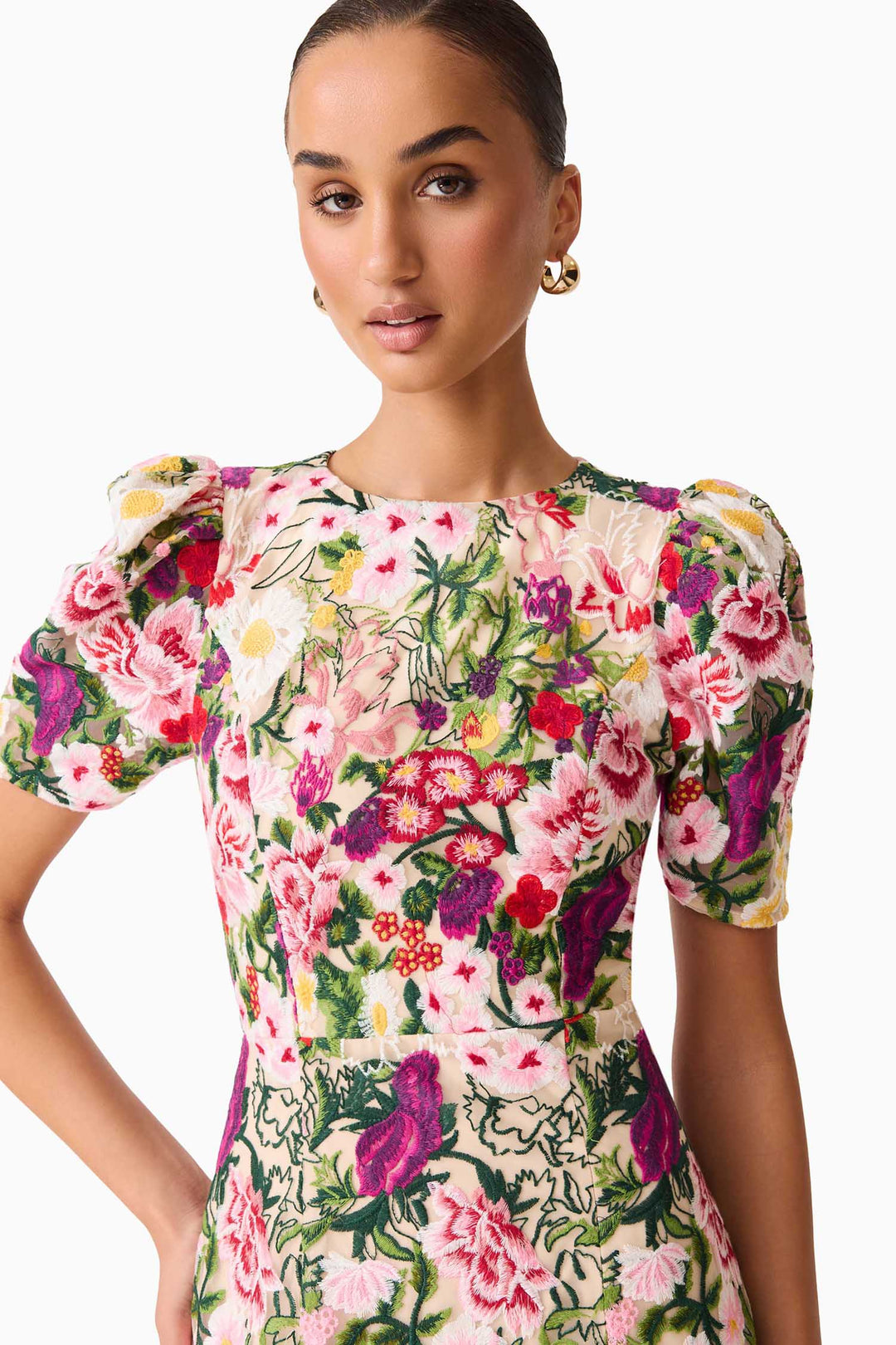 Flora Midi Dress in Pink and Green Floral