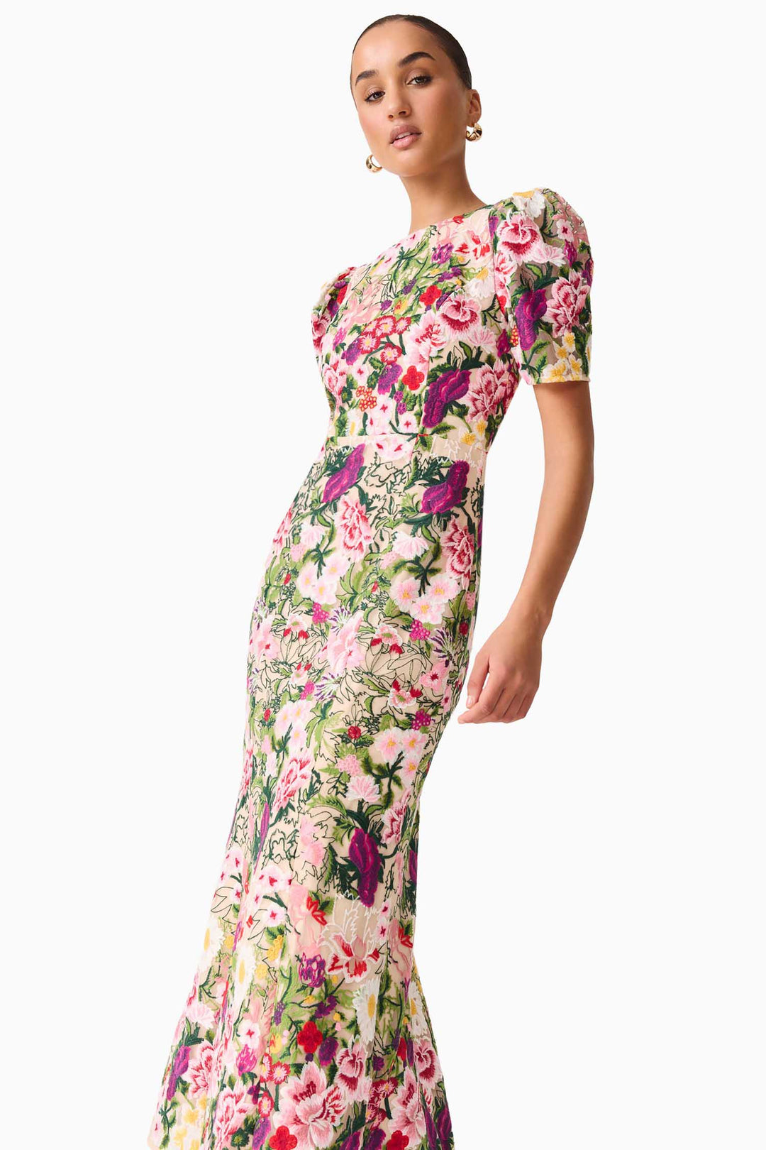 Flora Midi Dress in Pink and Green Floral