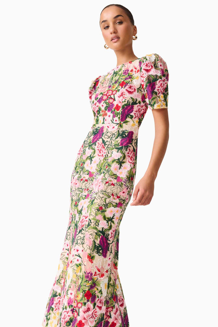 Flora Midi Dress in Pink and Green Floral