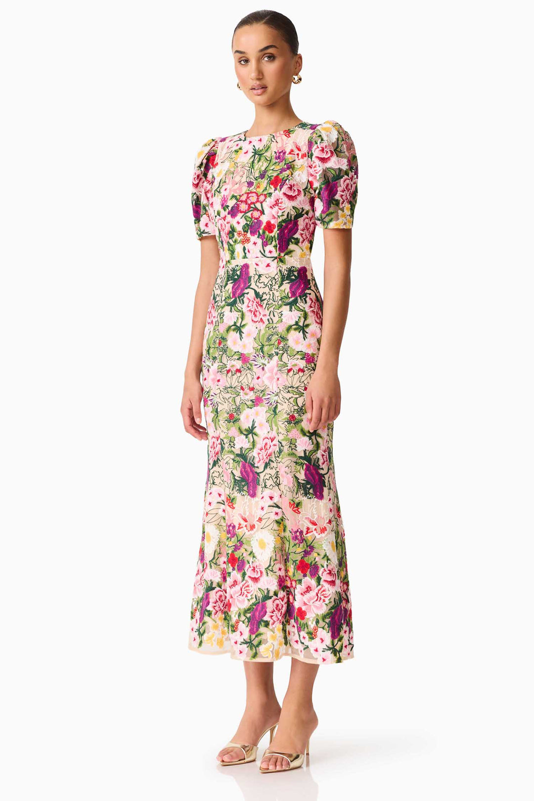 Flora Midi Dress in Pink and Green Floral