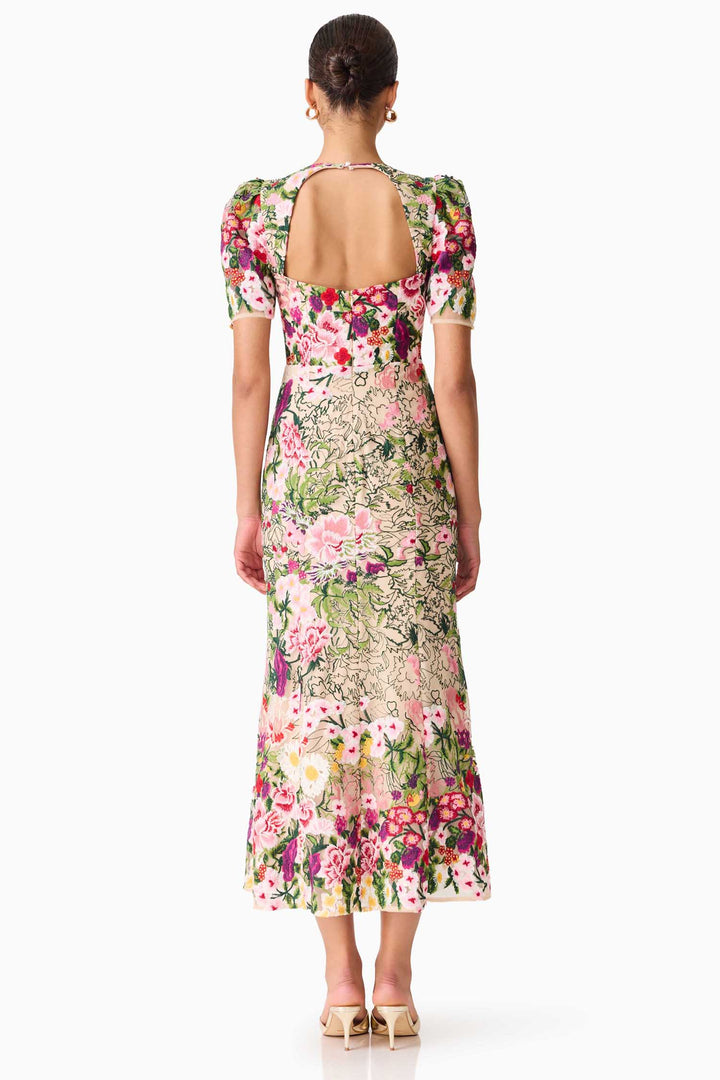 Flora Midi Dress in Pink and Green Floral