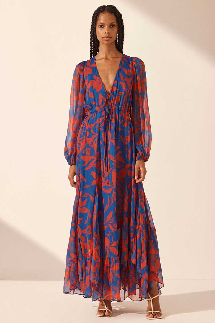 Flore Lace Front Drawstring Maxi Dress in Blue Red Flora