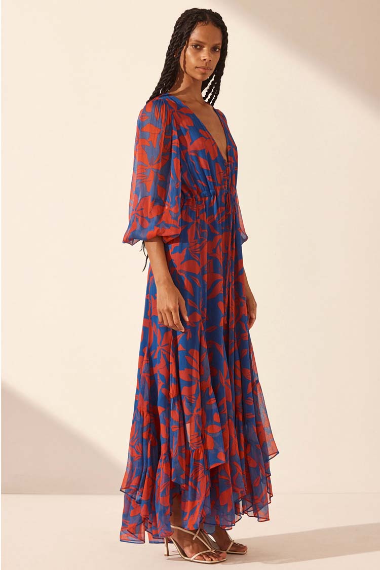 Flore Lace Front Drawstring Maxi Dress in Blue Red Flora