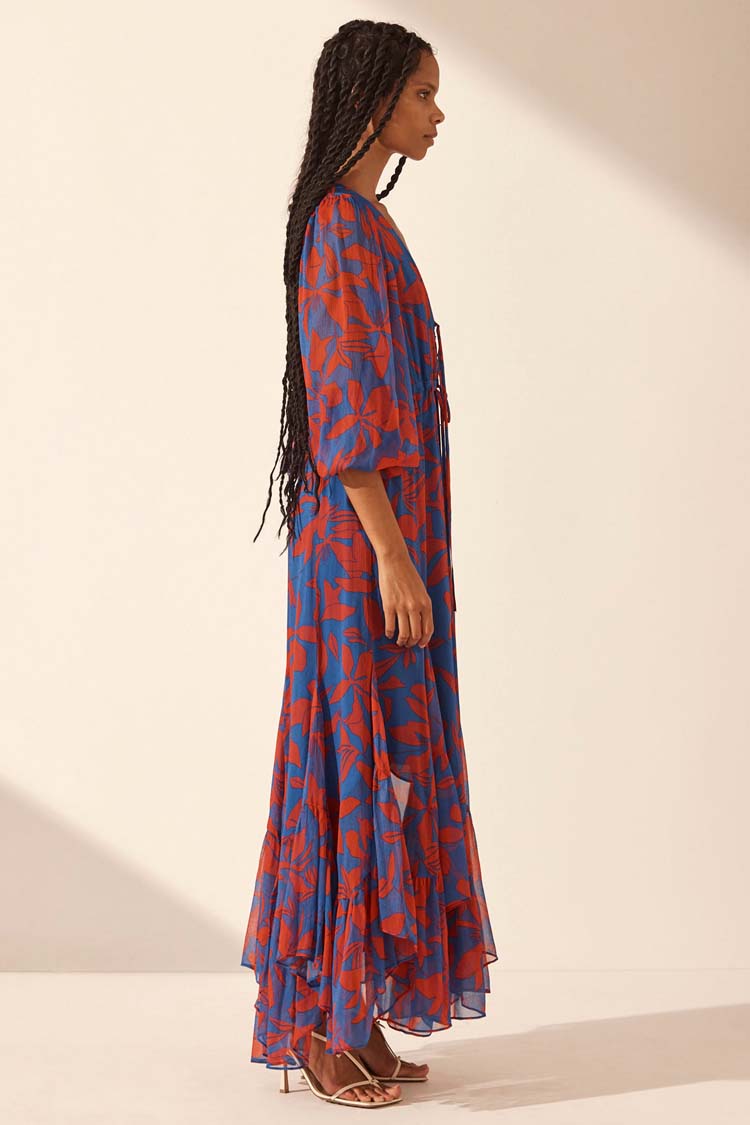 Flore Lace Front Drawstring Maxi Dress in Blue Red Flora