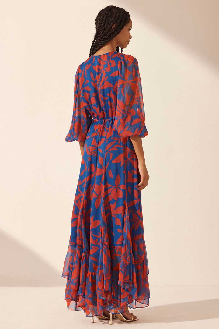 Flore Lace Front Drawstring Maxi Dress in Blue Red Flora