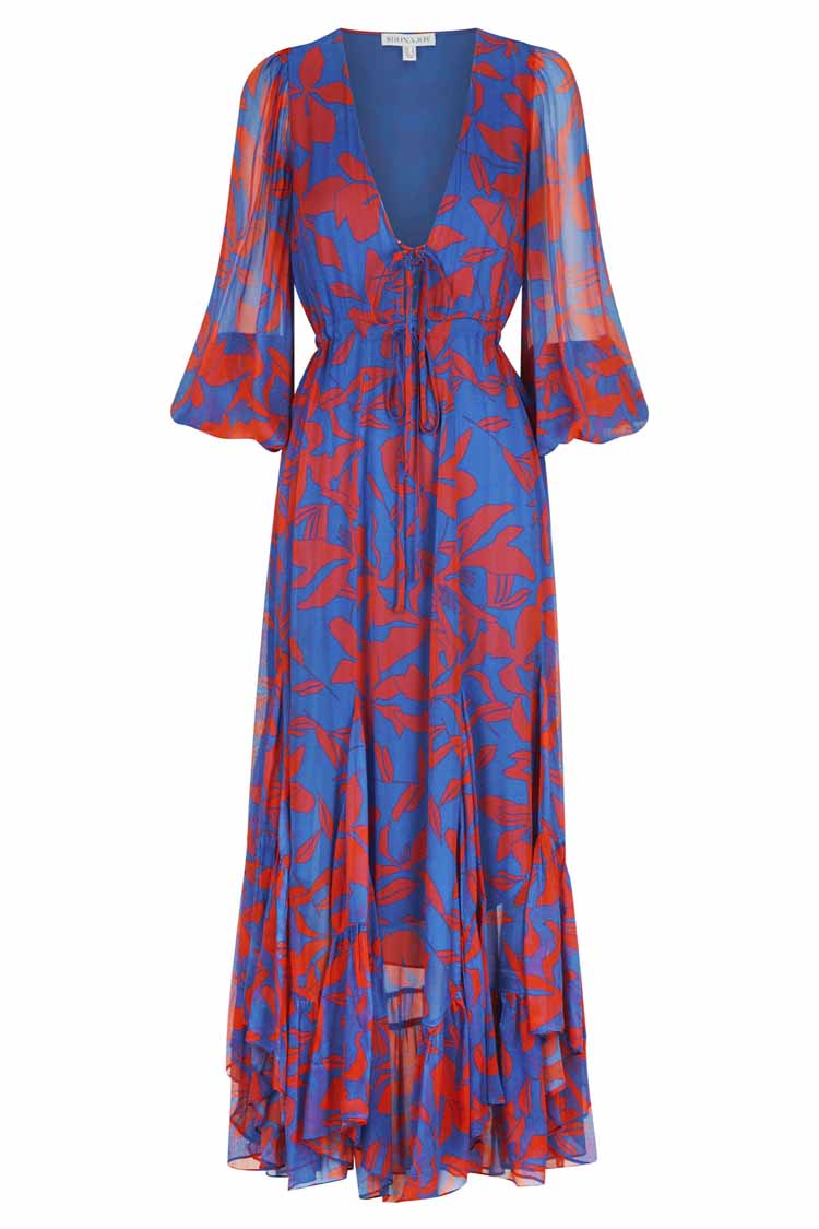 Flore Lace Front Drawstring Maxi Dress in Blue Red Flora