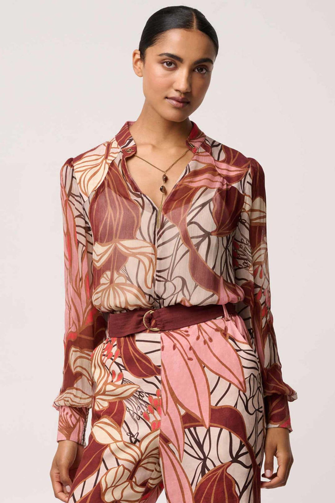 Freya Sheer Blouse with Neck Detail in Cathedral Botanic