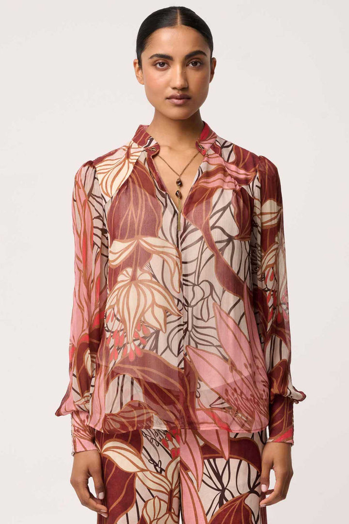 Freya Sheer Blouse with Neck Detail in Cathedral Botanic