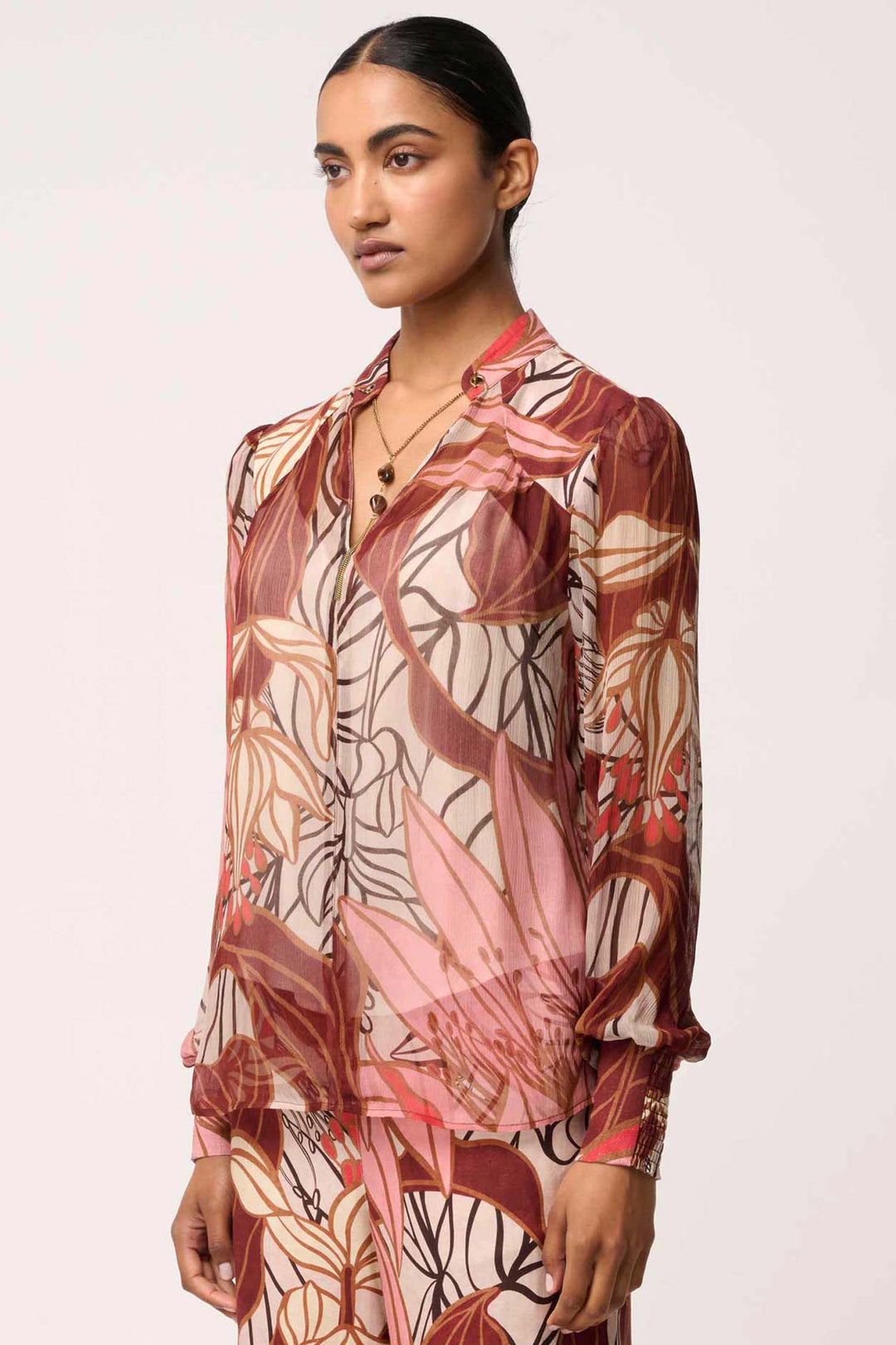 Freya Sheer Blouse with Neck Detail in Cathedral Botanic