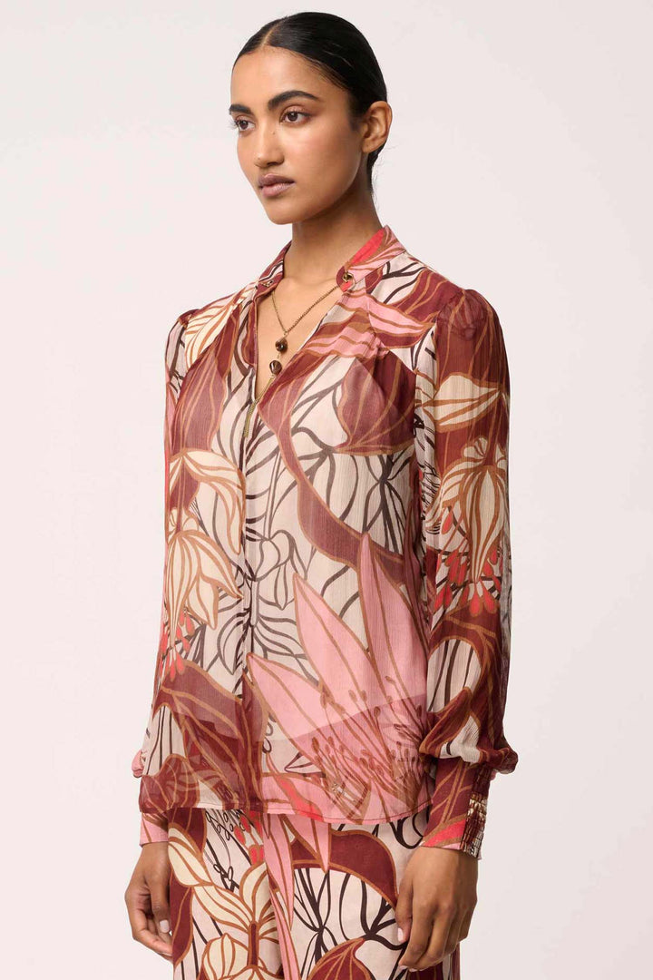 Freya Sheer Blouse with Neck Detail in Cathedral Botanic