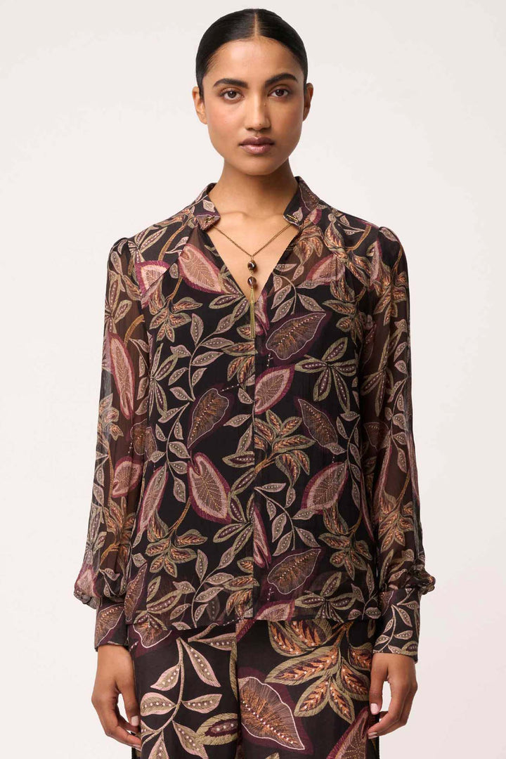 Freya Sheer Blouse with Neck Detail in Dark Tropique