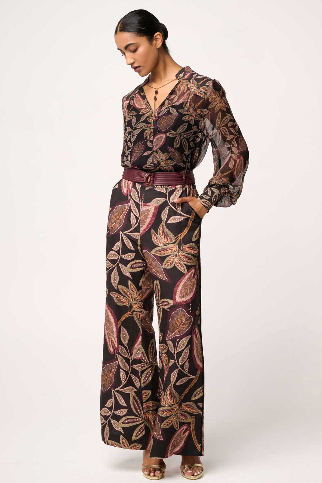 Freya Sheer Blouse with Neck Detail in Dark Tropique