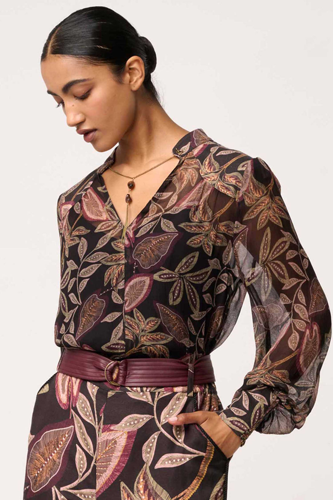 Freya Sheer Blouse with Neck Detail in Dark Tropique