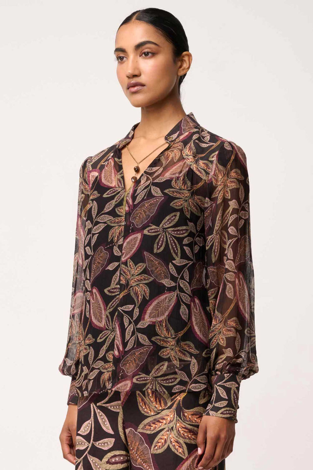 Freya Sheer Blouse with Neck Detail in Dark Tropique