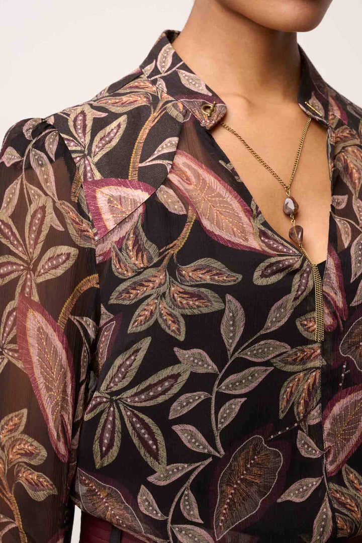 Freya Sheer Blouse with Neck Detail in Dark Tropique