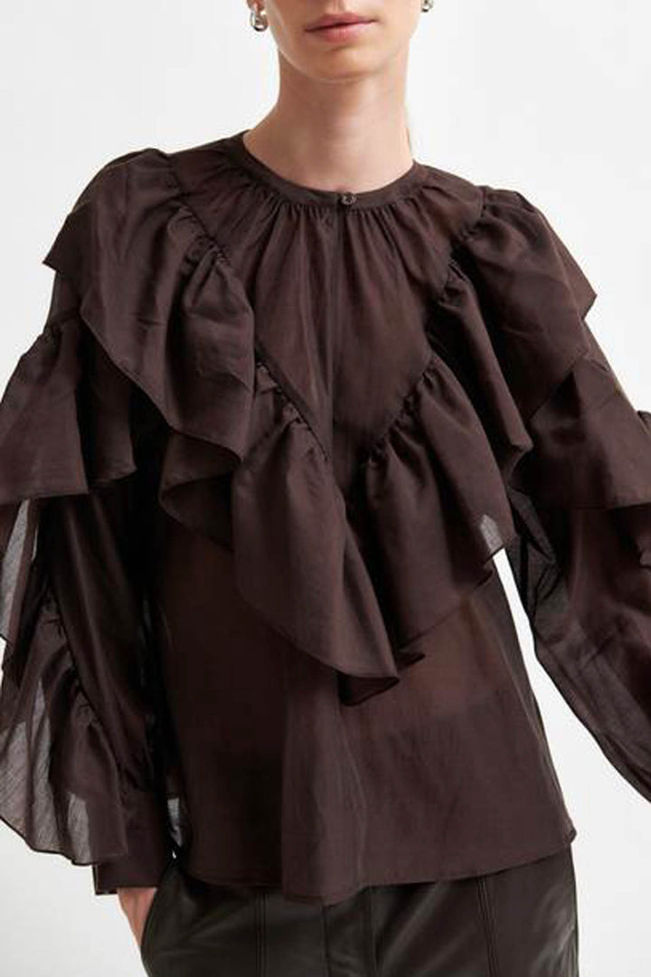 Fria Frill Blouse in Chocolate Plum