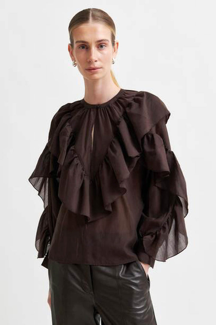 Fria Frill Blouse in Chocolate Plum