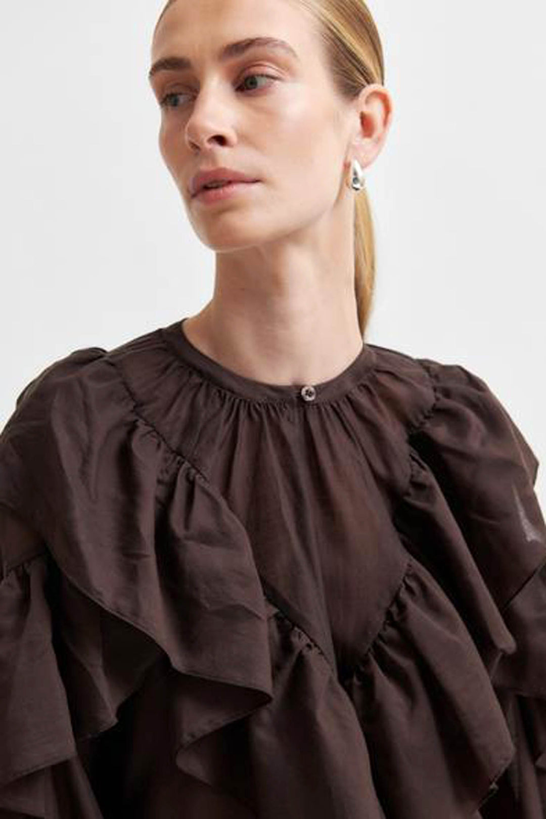Fria Frill Blouse in Chocolate Plum
