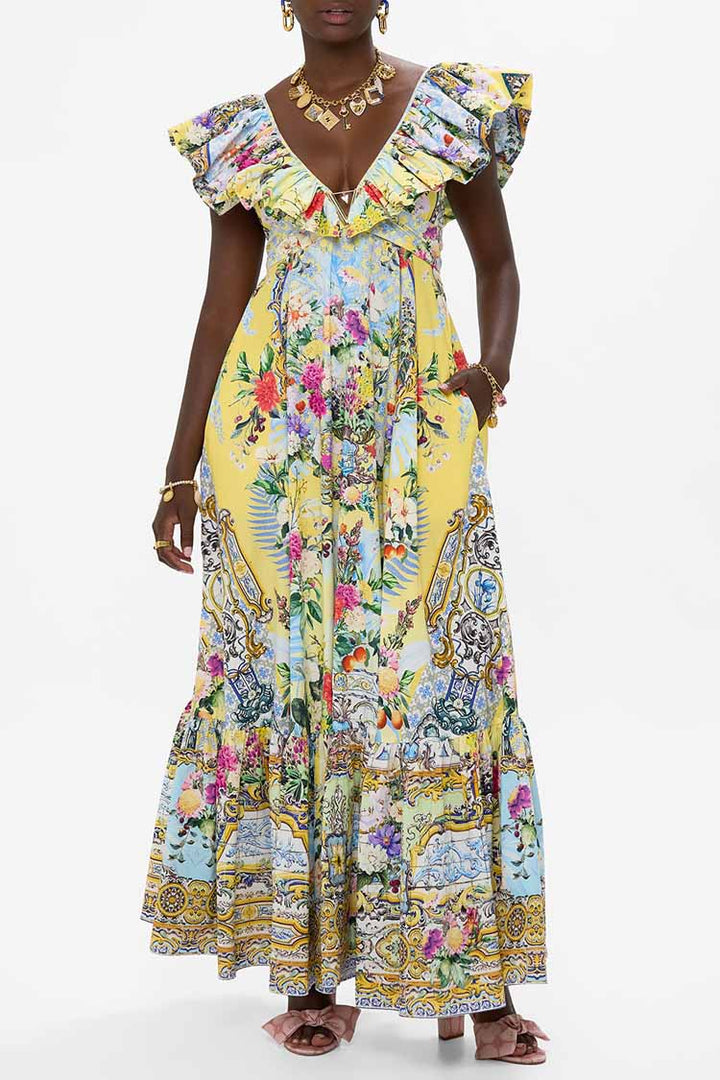 Frill Neck Dress With Hardware in Flor Fantastica